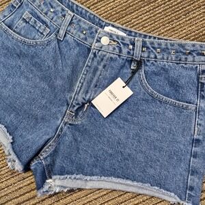 Forever 21 Womens Denim Jean Shorts Studded Waist Sz 27 Fringed